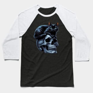 black cat sitting on top of skull Baseball T-Shirt